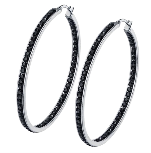 Big Black Rhinestone Silver Hoop Earrings Sparkle Hoops CZ Crystal Channel Loop - Picture 1 of 12